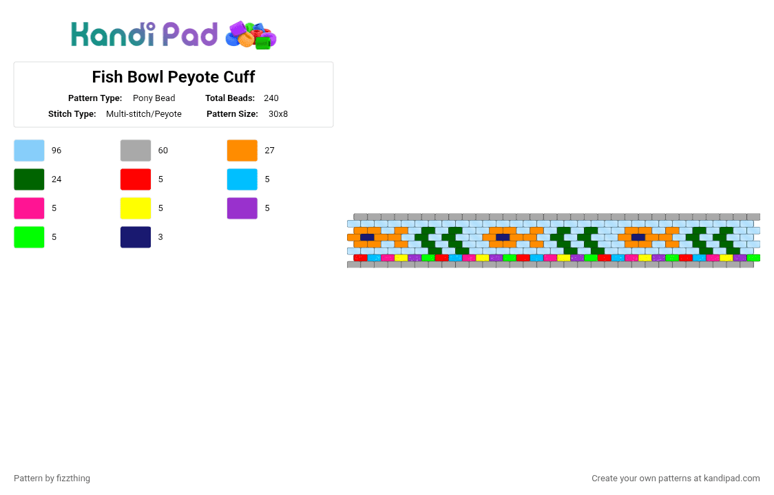 Fish Bowl Peyote Cuff - Pony Bead Pattern by fizzthing on Kandi Pad - beige,light blue,green,orange