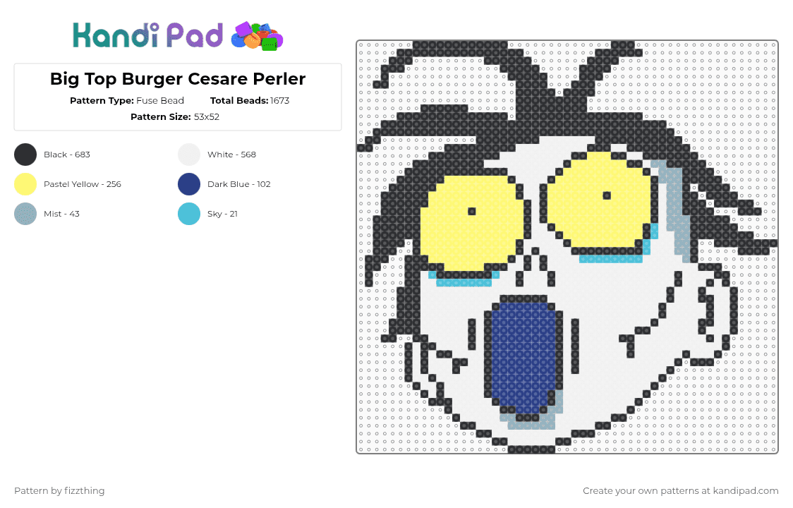 Big Top Burger Cesare Perler - Fuse Bead Pattern by fizzthing on Kandi Pad - white,yellow,big top burger,worthikids