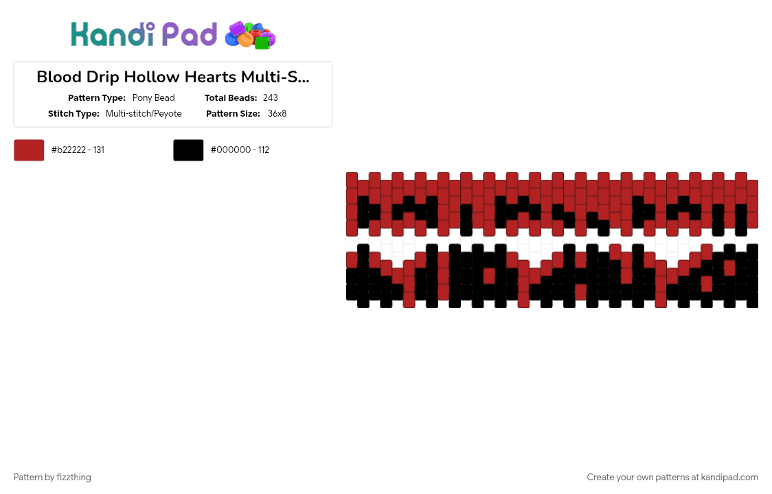 Blood Drip Hollow Hearts Multi-Stitch Cuff - Pony Bead Pattern by fizzthing on Kandi Pad - black, blood, drip, hearts, red