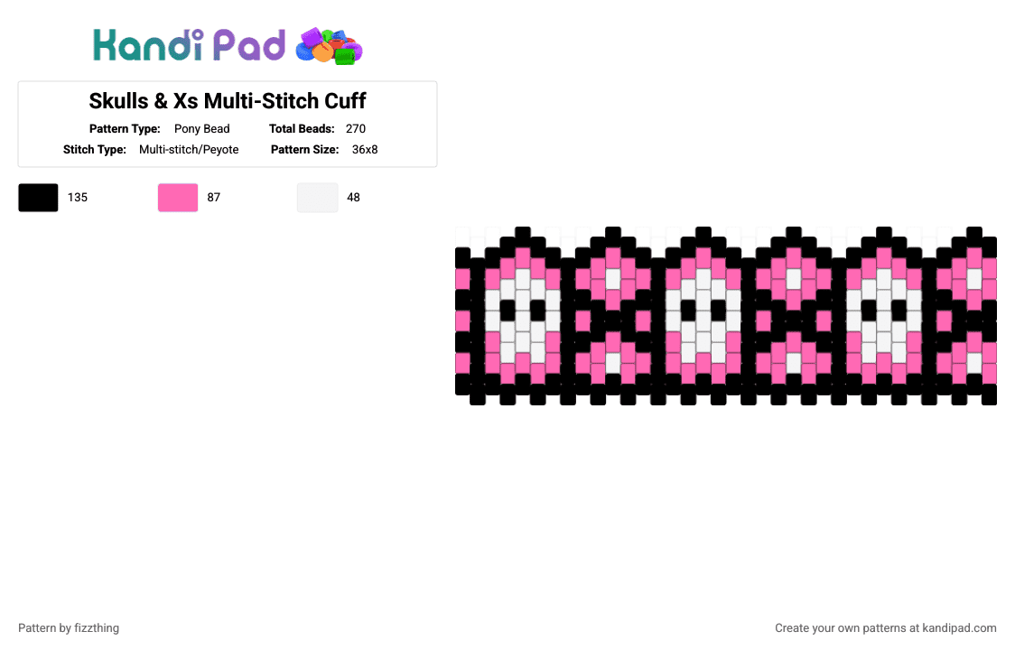 Skulls & Xs Multi-Stitch Cuff - Pony Bead Pattern by fizzthing on Kandi Pad - white,pink,skulls,x