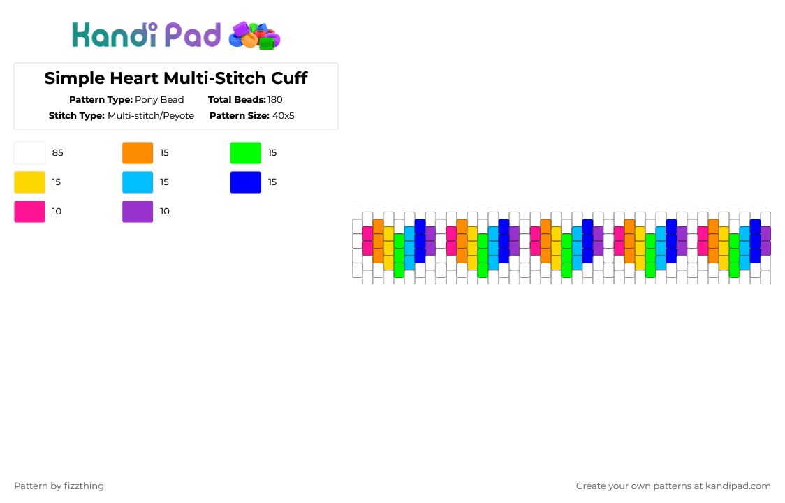 Simple Heart Multi-Stitch Cuff - Pony Bead Pattern by fizzthing on Kandi Pad - white,green,light blue,colorful,simple,heart,rainbow,hearts