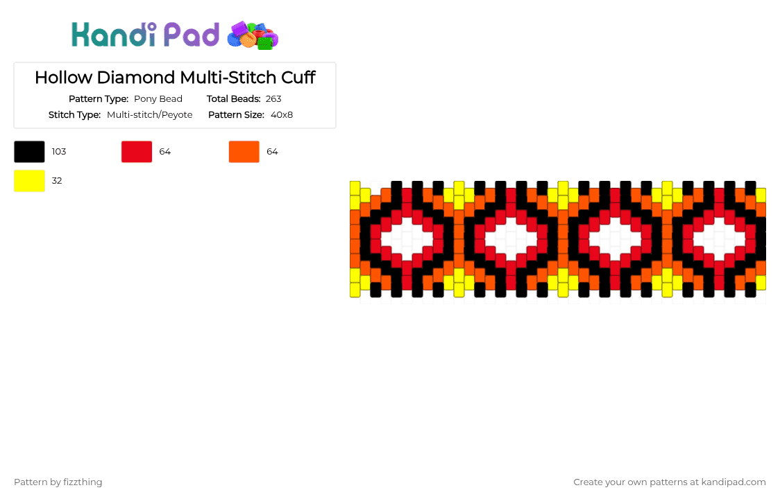 Hollow Diamond Multi-Stitch Cuff - Pony Bead Pattern by fizzthing on Kandi Pad - red,orange