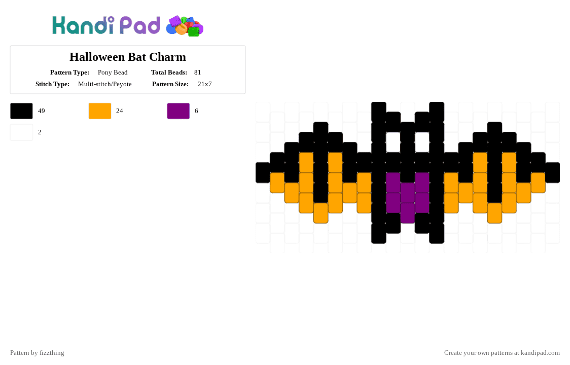 Halloween Bat Charm - Pony Bead Pattern by fizzthing on Kandi Pad - black,orange,halloween,bat