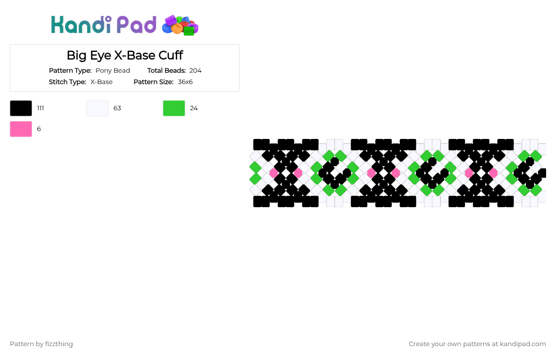 Big Eye X-Base Cuff - Pony Bead Pattern by fizzthing on Kandi Pad - black,white,green,eyes,weirdcore,creepy