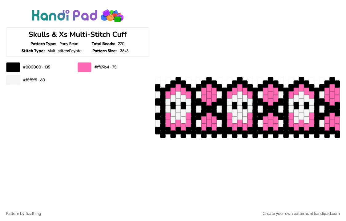 Skulls & Xs Multi-Stitch Cuff - Pony Bead Pattern by fizzthing on Kandi Pad - pink, skulls, white, x