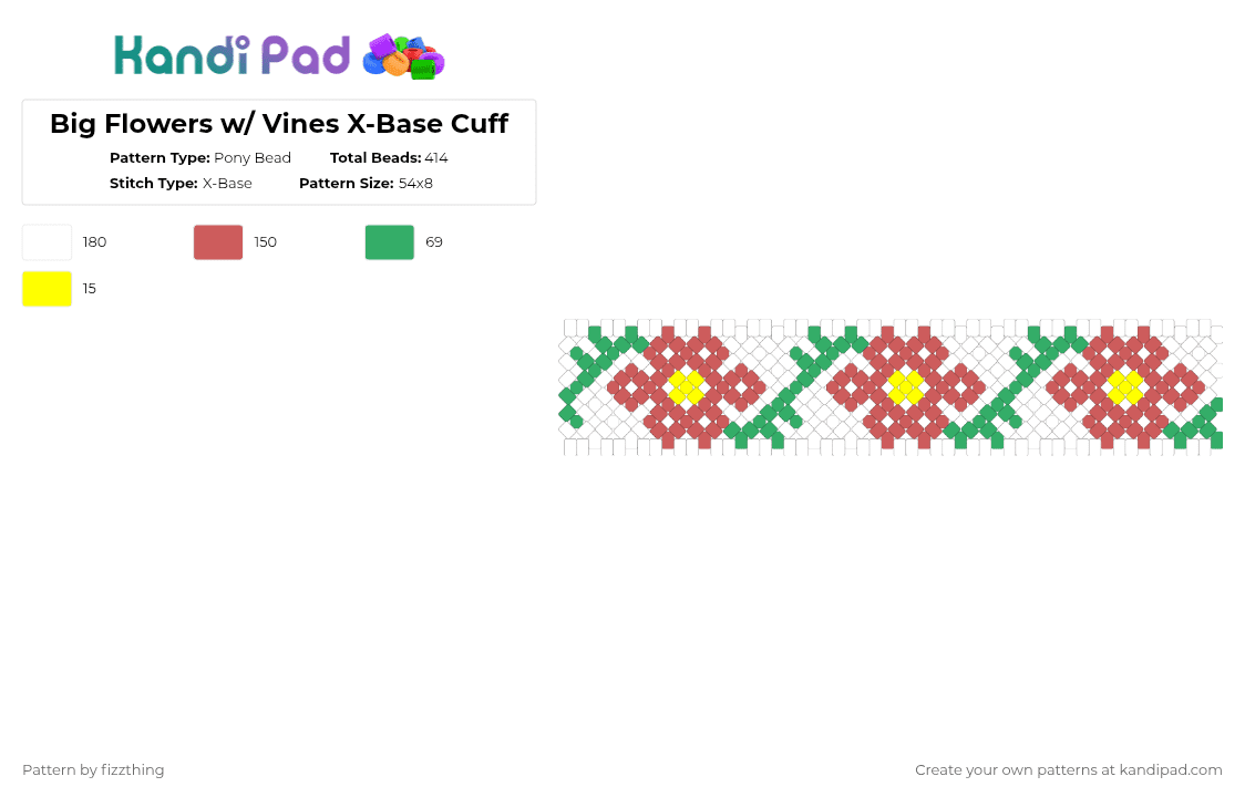 Big Flowers w/ Vines X-Base Cuff - Pony Bead Pattern by fizzthing on Kandi Pad - red,flower,floral