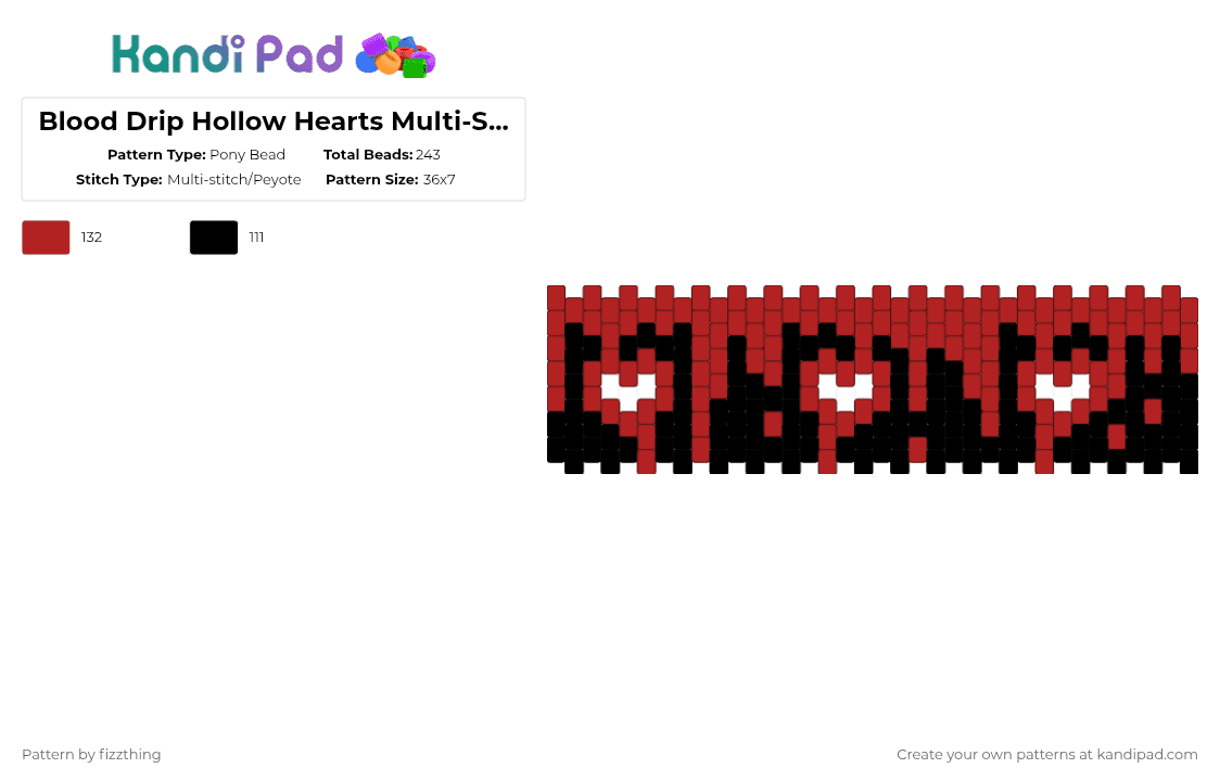 Blood Drip Hollow Hearts Multi-Stitch Cuff - Pony Bead Pattern by fizzthing on Kandi Pad - black,red,blood,hearts,drip