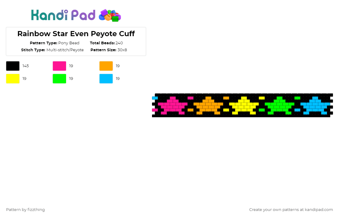 Rainbow Star Even Peyote Cuff - Pony Bead Pattern by fizzthing on Kandi Pad - black,orange,green,colorful,rainbow,star