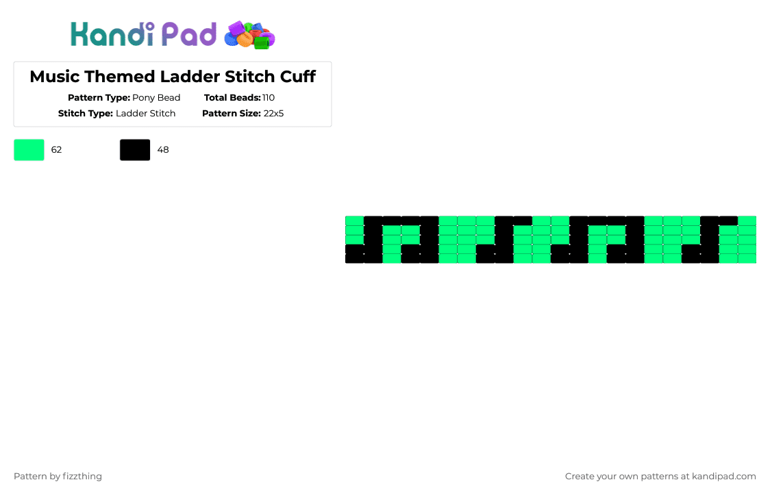 Music Themed Ladder Stitch Cuff - Pony Bead Pattern by fizzthing on Kandi Pad - black,teal,music,music notes