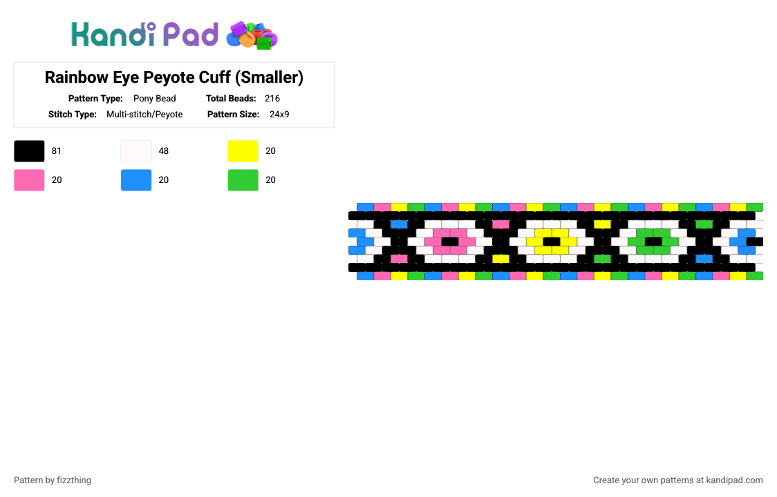Rainbow Eye Peyote Cuff (Smaller) - Pony Bead Pattern by fizzthing on Kandi Pad - yellow,pink,light blue,green,rainbow,eyes