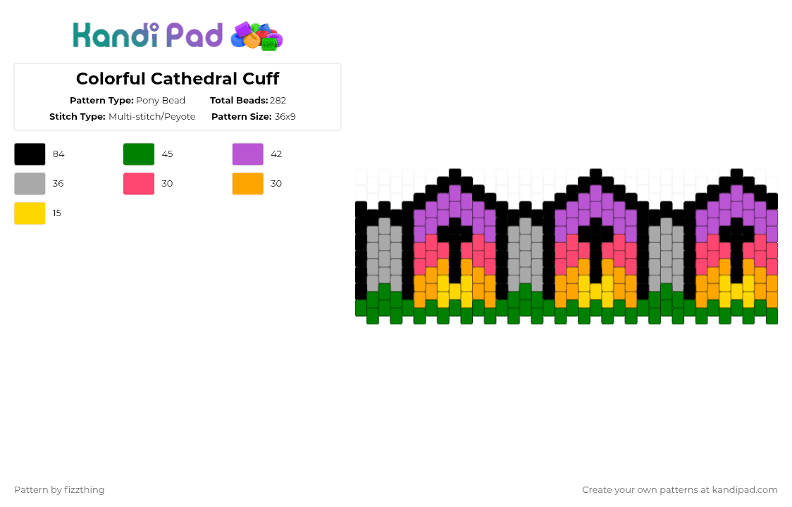 Colorful Cathedral Cuff - Pony Bead Pattern by fizzthing on Kandi Pad - green,pink,beige,gothic,cathedral,sunset
