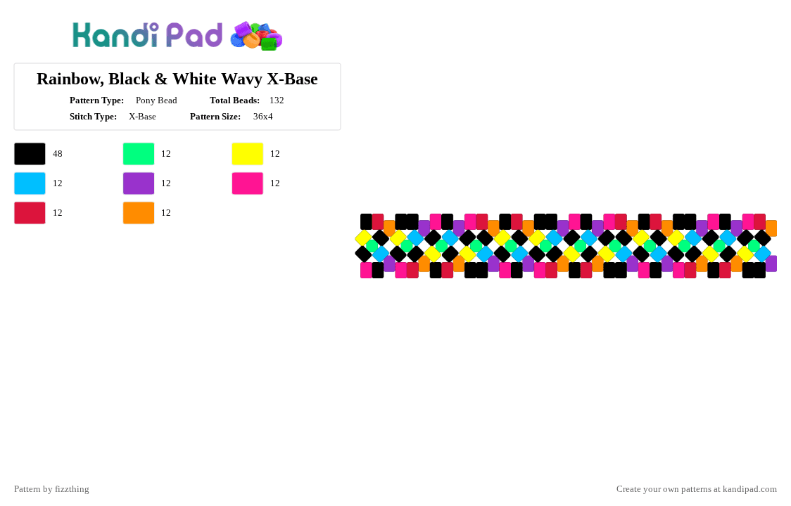 Rainbow & Black Wavy X-Base - Pony Bead Pattern by fizzthing on Kandi Pad - yellow,purple,red,colorful,rainbow,wave,wavy