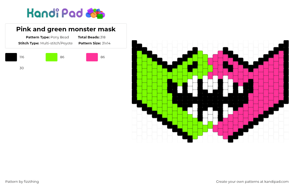 Pink & Green Monster Mask - Pony Bead Pattern by fizzthing on Kandi Pad - green,pink