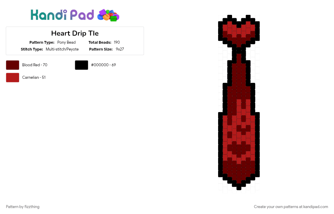 Heart Drip TIe - Pony Bead Pattern by fizzthing on Kandi Pad - brown, drip, heart, red, red and black, tie