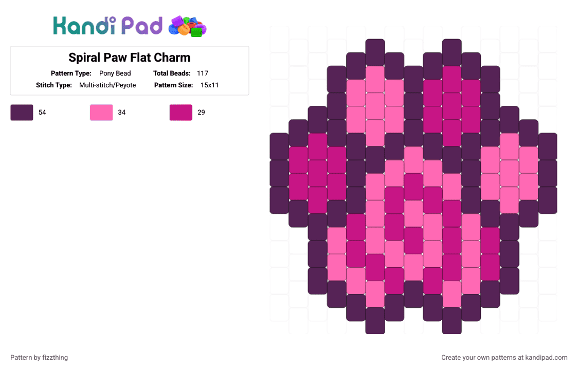 Spiral Paw Flat Charm - Pony Bead Pattern by fizzthing on Kandi Pad - pink,spiral,paw,flat charm,charm