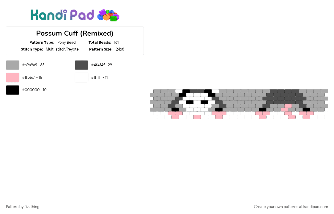 Possum Cuff (Remixed) - Pony Bead Pattern by fizzthing on Kandi Pad - animal, beige, opossum, possum