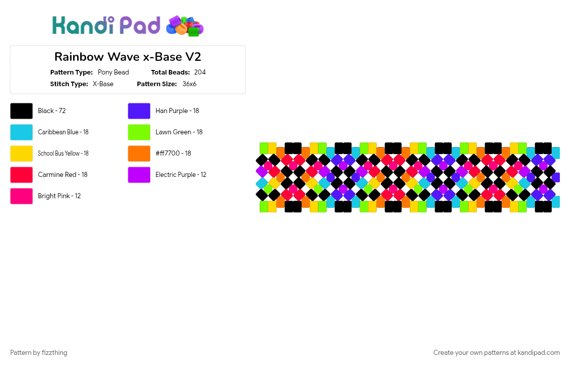 Rainbow Wave x-Base V2 - Pony Bead Pattern by fizzthing on Kandi Pad - black and rainbow, colorful, green, orange, purple, rainbow