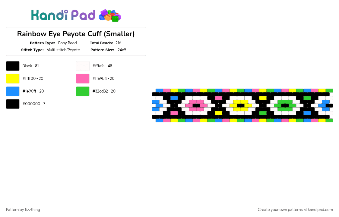 Rainbow Eye Peyote Cuff (Smaller) - Pony Bead Pattern by fizzthing on Kandi Pad - eyes, green, light blue, pink, rainbow, yellow