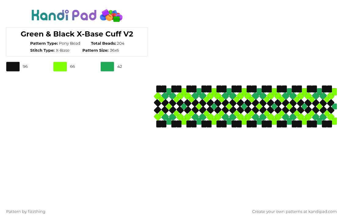 Green & Black X-Base Cuff V2 - Pony Bead Pattern by fizzthing on Kandi Pad - black, green