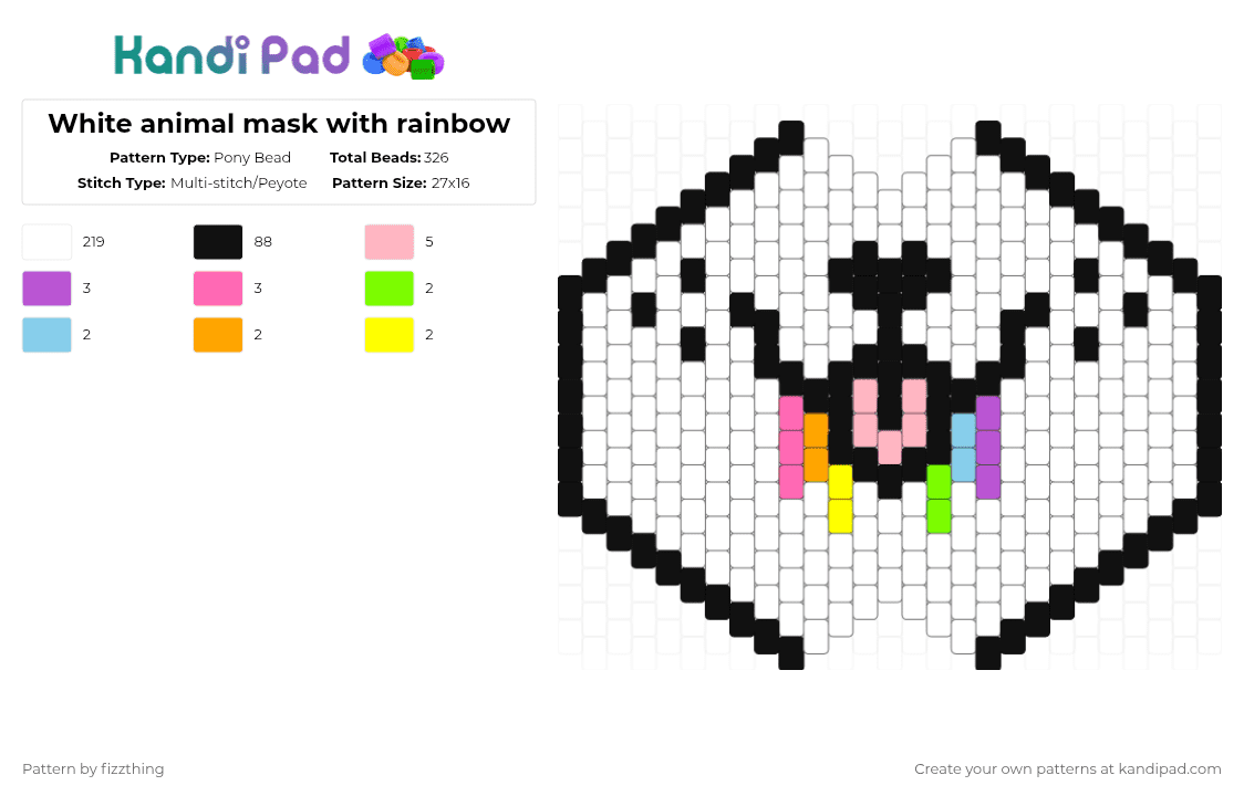 White animal mask with rainbow - Pony Bead Pattern by fizzthing on Kandi Pad - white,pink