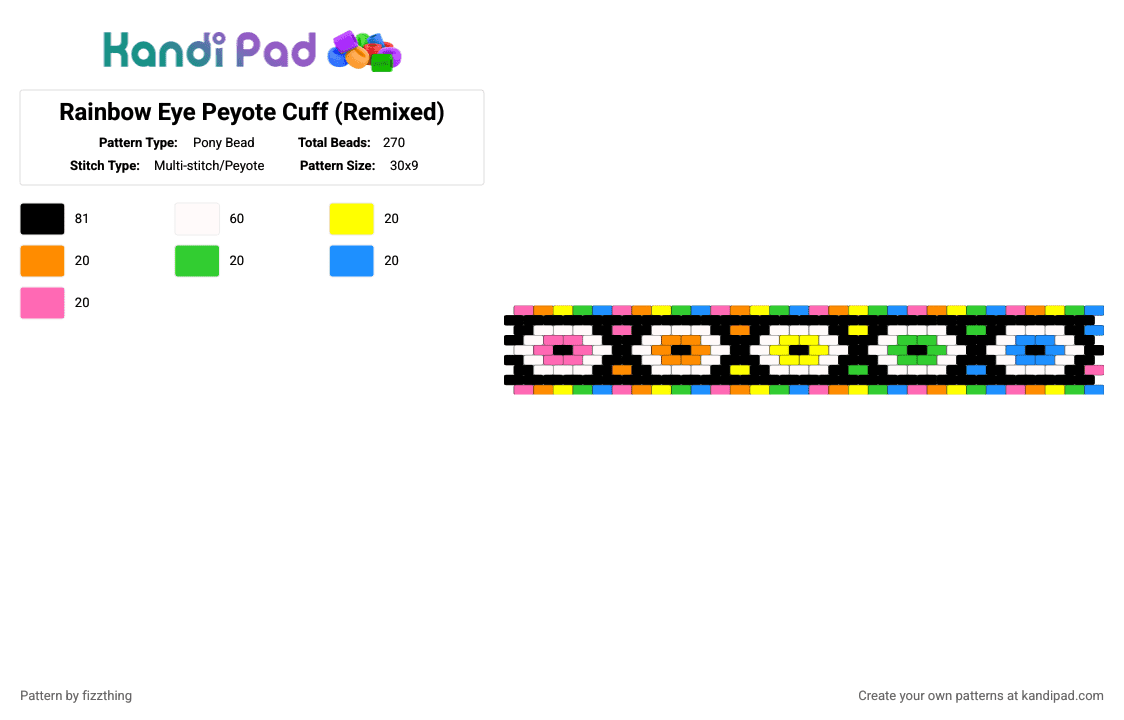 Rainbow Eye Peyote Cuff (Remixed) - Pony Bead Pattern by fizzthing on Kandi Pad - orange,green,colorful