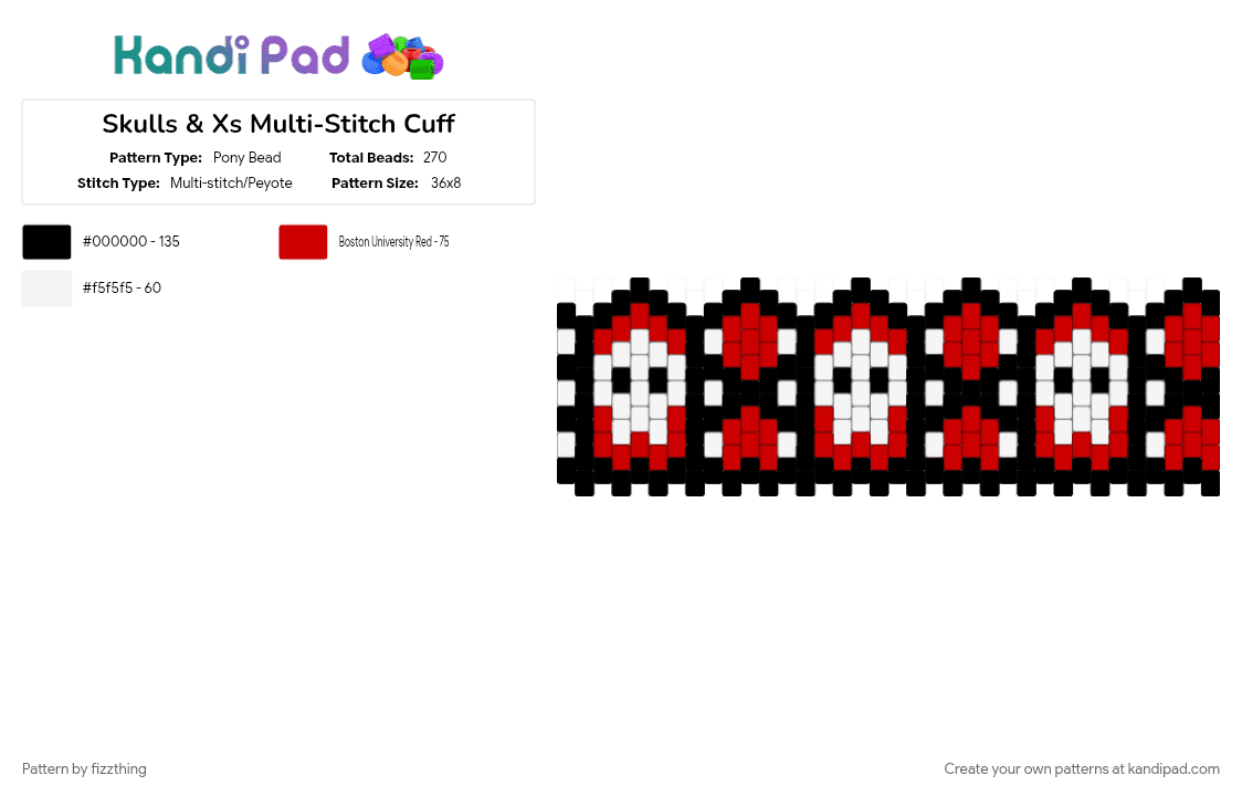 Skulls & Xs Multi-Stitch Cuff - Pony Bead Pattern by fizzthing on Kandi Pad - pink, skulls, white, x