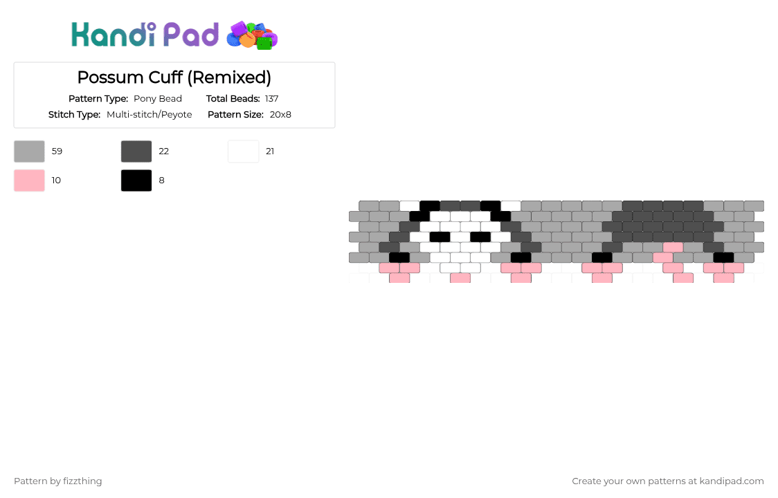 Possum Cuff (Remixed) - Pony Bead Pattern by fizzthing on Kandi Pad - beige,possum,opossum,animal