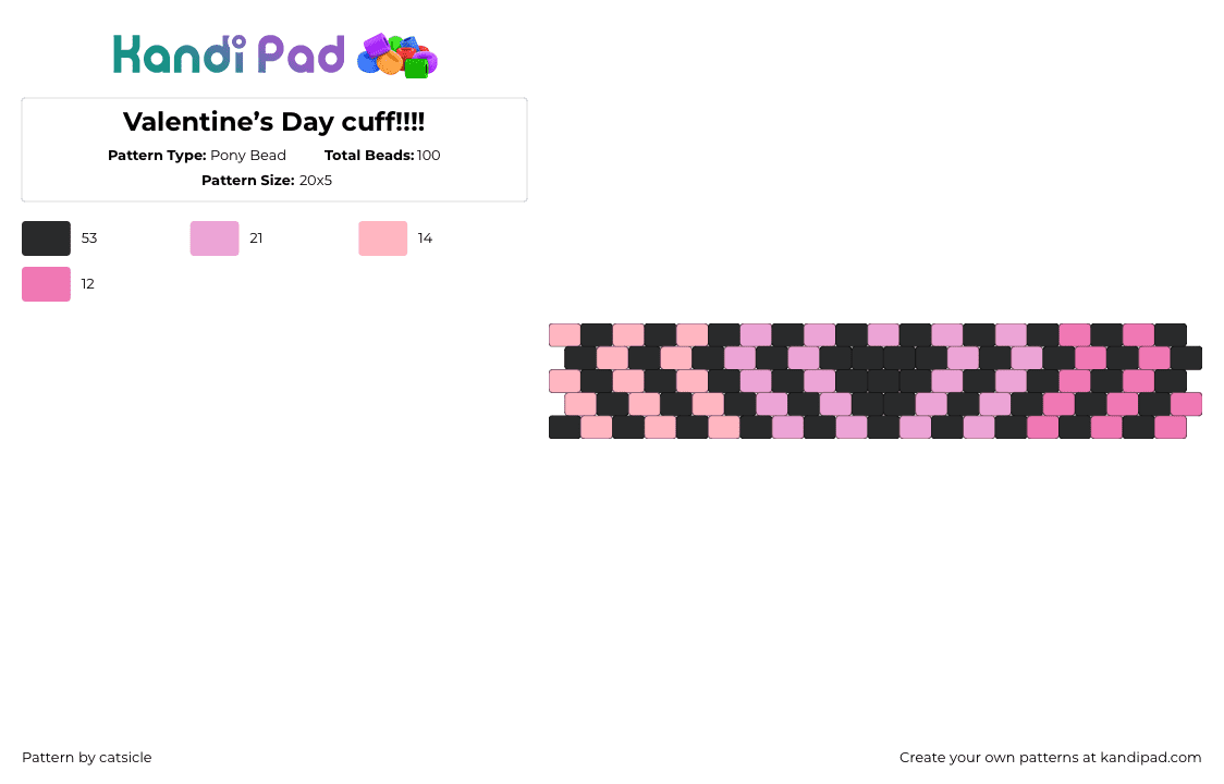 Valentine’s Day cuff!!!! - Pony Bead Pattern by catsicle on Kandi Pad - heart,valentines,love,stripes,cuff,pink,black