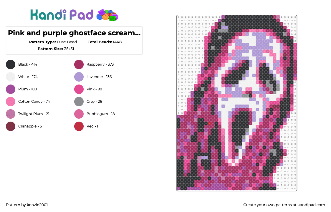 Pink and purple ghostface scream cute aesthetic - Fuse Bead Pattern by kenzie2001 on Kandi Pad - 