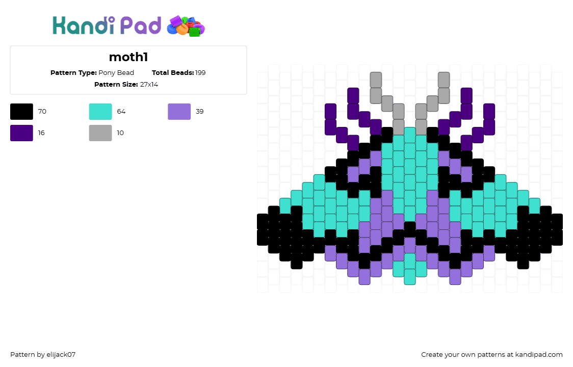 moth1 - Pony Bead Pattern by elijack07 on Kandi Pad - moth,insect,bug,winged,teal,purple,black