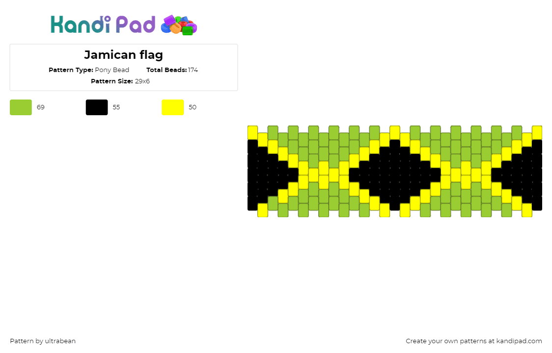 Jamican flag - Pony Bead Pattern by deleted_user_934613 on Kandi Pad - jamaica,flag,country,cuff,green,black