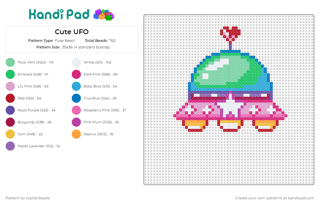 Cute UFO - Fuse Bead Pattern by toptierbeads on Kandi Pad - ufo,space,alien,colorful,pink,green,whimsical,heart,playful