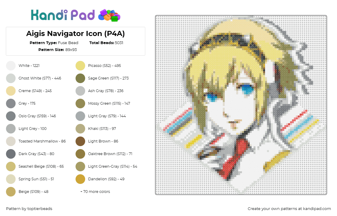 Aigis Navigator Icon (P4A) - Fuse Bead Pattern by toptierbeads on Kandi Pad - aigis,megami tensei,anime,character,portrait,blonde,white,yellow