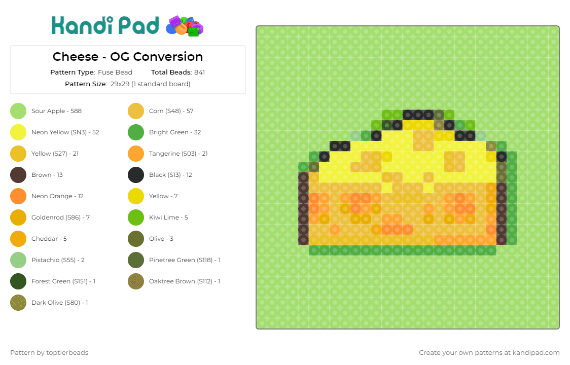Cheese - OG Conversion - Fuse Bead Pattern by toptierbeads on Kandi Pad - cheese,cheddar,dairy,food,culinary,snack,kitchen decor,delicious,appetizing,yellow,green