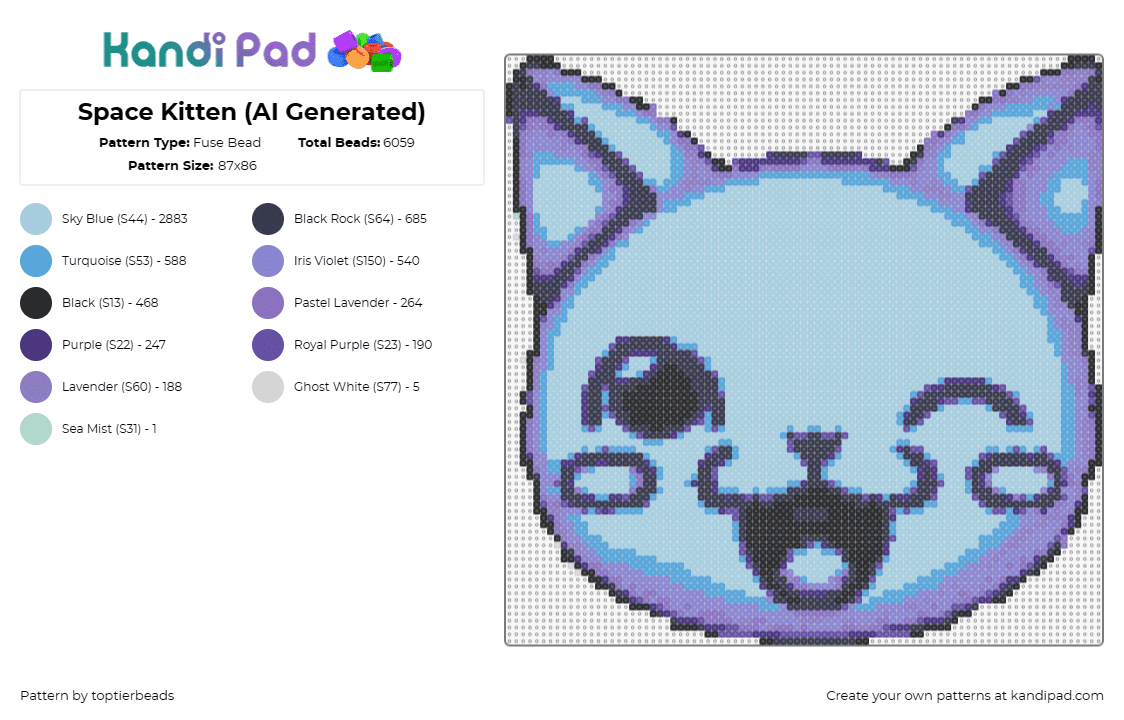 Space Kitten (AI Generated) - Fuse Bead Pattern by toptierbeads on Kandi Pad - cat,kitten,cute,animal,ai,adorable,cosmos,intrigue,space,blue,lavender