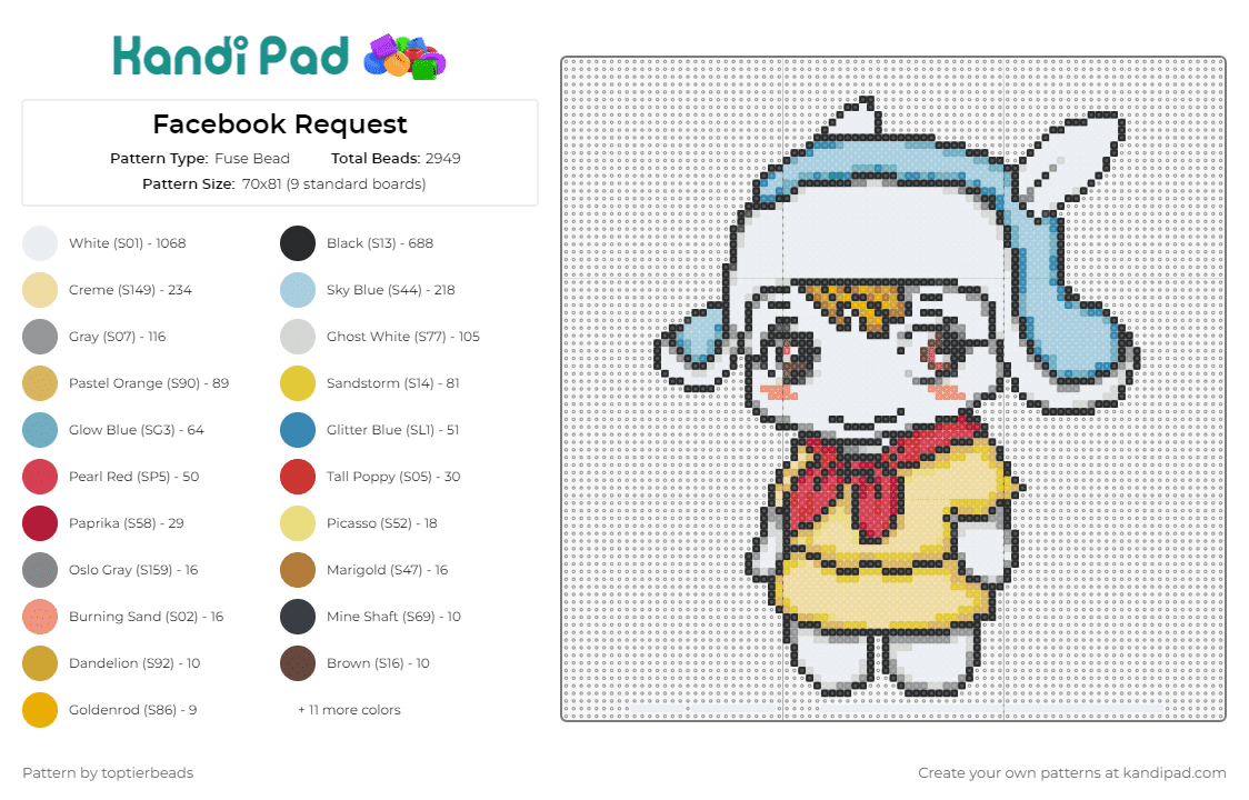 Facebook Request - Fuse Bead Pattern by toptierbeads on Kandi Pad - bunny,cute,hat,character,yellow,light blue,white