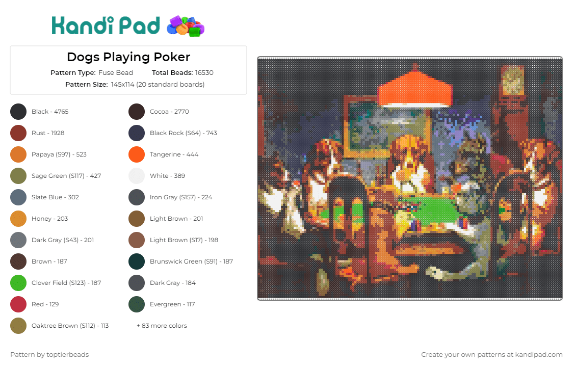 Dogs Playing Poker - Fuse Bead Pattern by toptierbeads on Kandi Pad - poker,dogs,painting,art,funny,classic,whimsical,iconic,humor,gaming