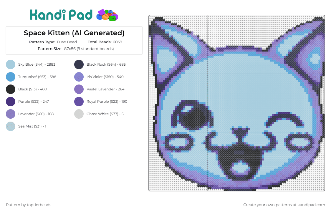 Space Kitten (AI Generated) - Fuse Bead Pattern by toptierbeads on Kandi Pad - cat,kitten,cute,animal,ai,adorable,cosmos,intrigue,crafters,space,blue,lavender