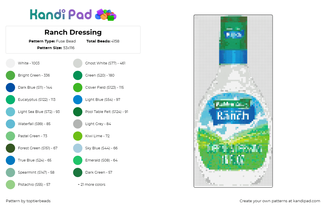 Ranch Dressing - Fuse Bead Pattern by toptierbeads on Kandi Pad - ranch dressing,condiment,bottle,food,kitchen,culinary