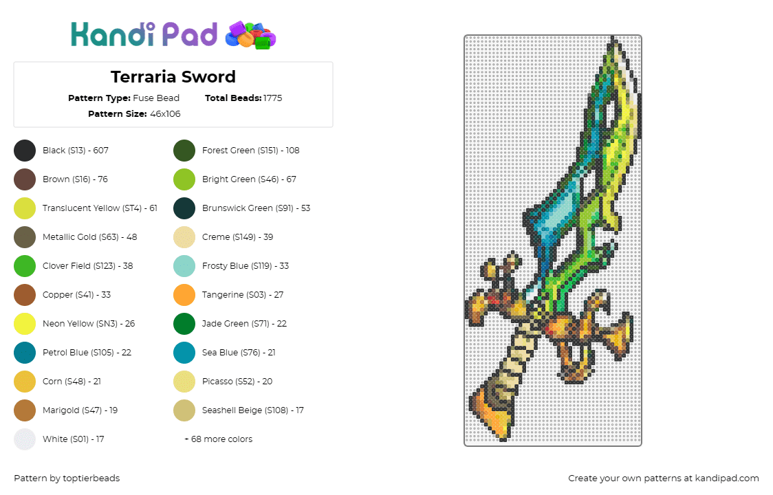 Terraria Sword - Fuse Bead Pattern by toptierbeads on Kandi Pad - terraria,sword,knife,game,sandbox,adventure,weapon,fantasy,combat,green