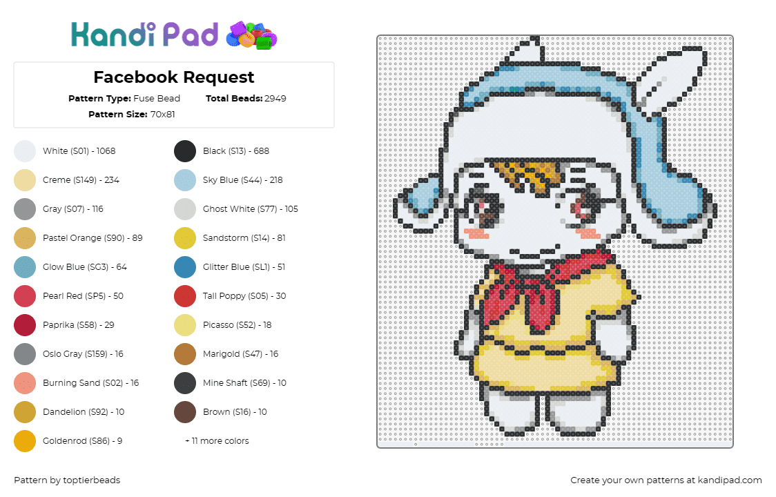 Facebook Request - Fuse Bead Pattern by toptierbeads on Kandi Pad - bunny,cute,hat,character,yellow,light blue,white