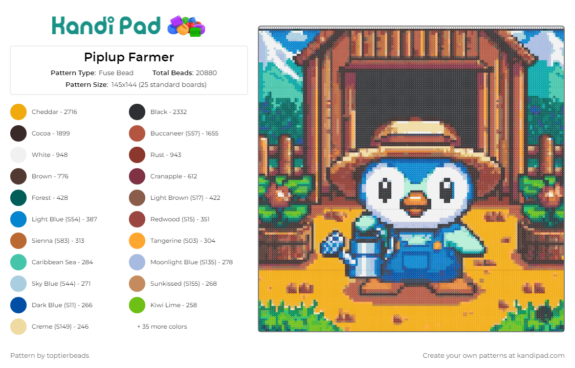 Piplup Farmer - Fuse Bead Pattern by toptierbeads on Kandi Pad - piplup,farm,pokemon,penguin,cute,scene,character,rural,agriculture,blue,brown