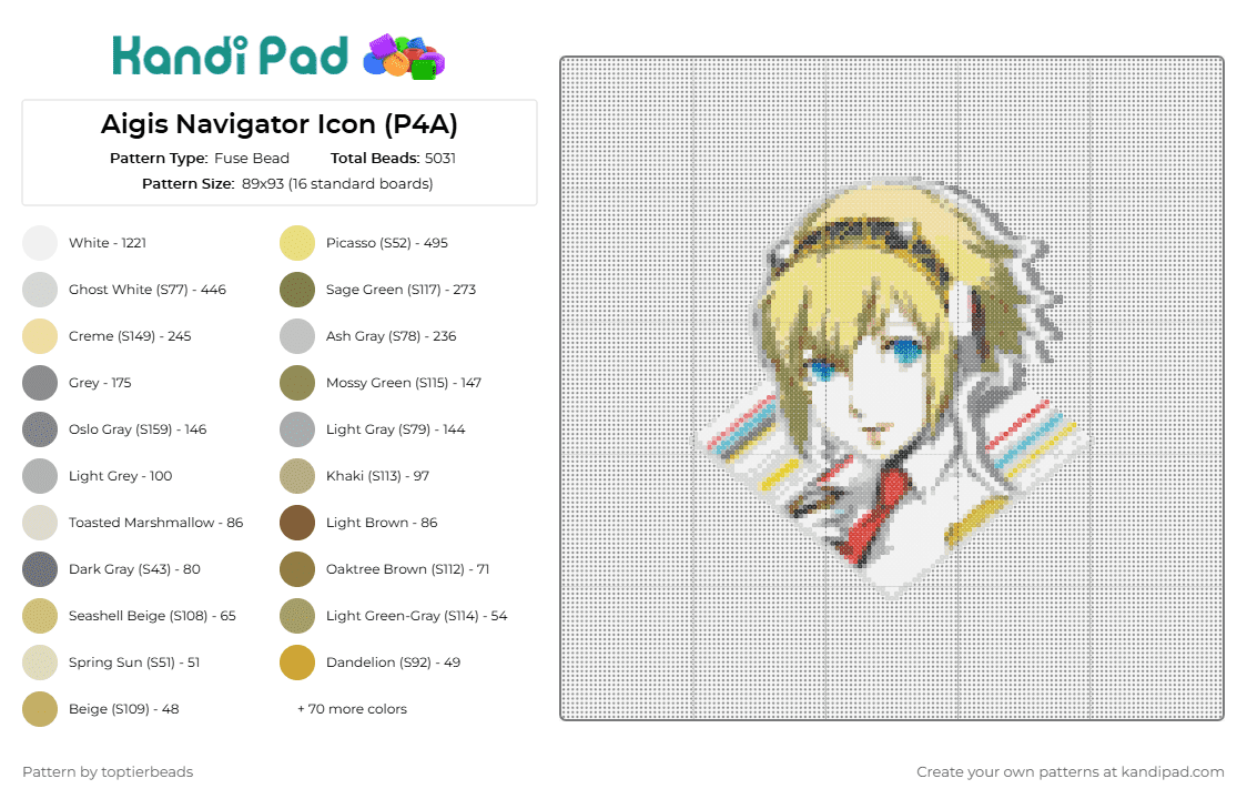 Aigis Navigator Icon (P4A) - Fuse Bead Pattern by toptierbeads on Kandi Pad - aigis,megami tensei,anime,character,portrait,blonde,white,yellow