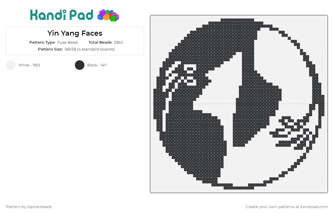 Yin Yang Faces - Fuse Bead Pattern by toptierbeads on Kandi Pad - yin yang,faces,balance,harmony,symbol,icon,black,white