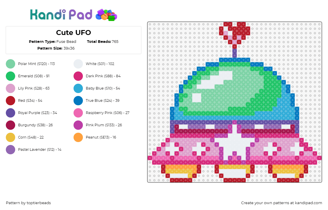 Cute UFO - Fuse Bead Pattern by toptierbeads on Kandi Pad - ufo,space,alien,colorful,pink,green,whimsical,heart,playful