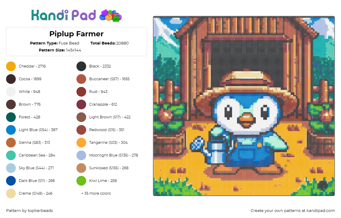 Piplup Farmer - Fuse Bead Pattern by toptierbeads on Kandi Pad - piplup,farm,pokemon,penguin,cute,scene,character,rural,agriculture,blue,brown