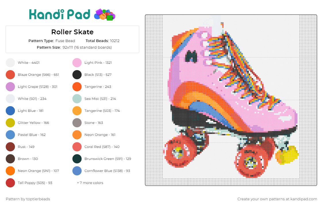 Roller Skate - Fuse Bead Pattern by toptierbeads on Kandi Pad - roller skate,rainbow,retro,fun,funky,vibrant,recreation,skate,pink