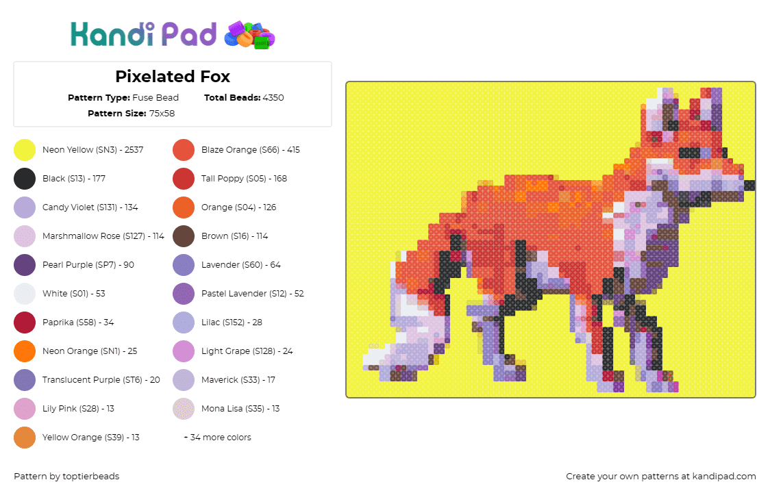 Pixelated Fox - Fuse Bead Pattern by toptierbeads on Kandi Pad - fox,3d,animal,orange,yellow