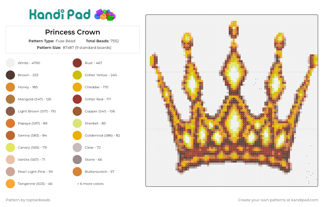 Princess Crown - Fuse Bead Pattern by toptierbeads on Kandi Pad - crown,royalty,gold,princess,elegance,regal,intricate,majestic,golden