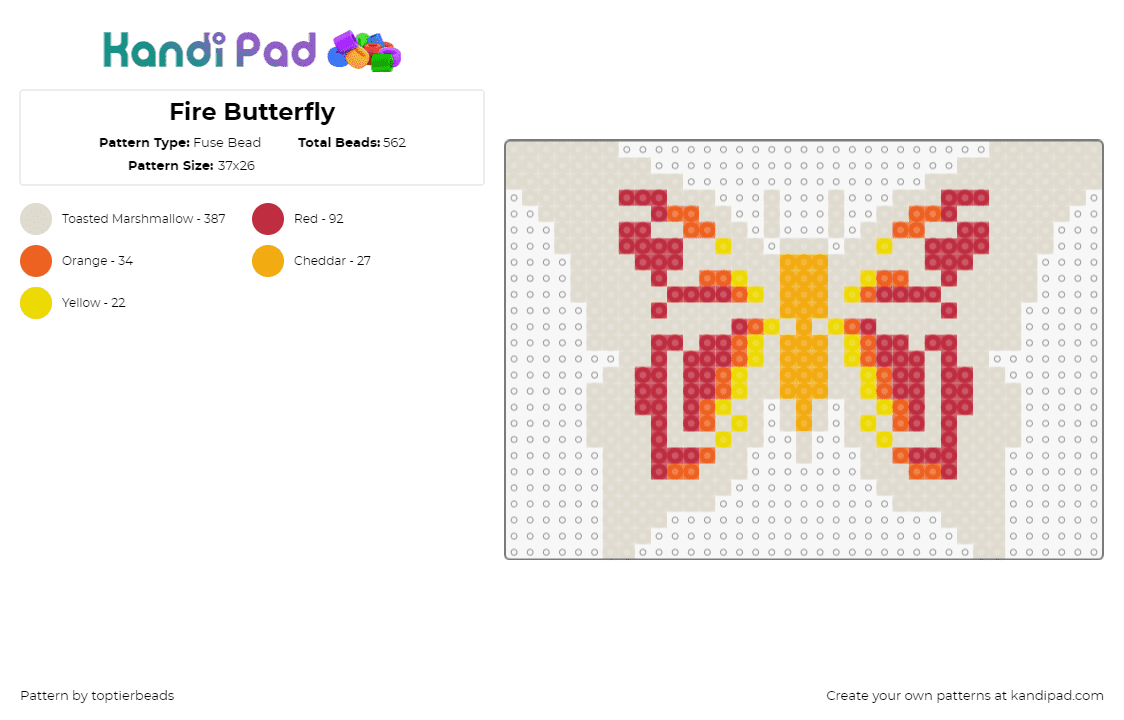 Fire Butterfly - Fuse Bead Pattern by toptierbeads on Kandi Pad - butterfly,insect,moth,fiery,animal,beige,red,orange